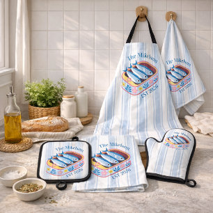 Retro Sardine Family Custom Name Coastal Apron