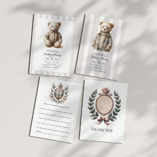Classic Preppy Vintage Teddy Bear Birthday Party Invitation