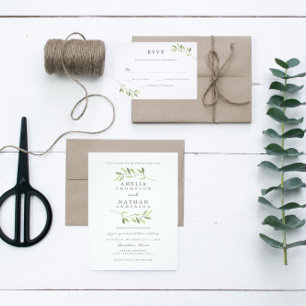 Green Watercolor Leaf Wedding Invitation