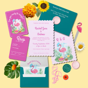 Tropical Watercolor Flamingo Pink Palm Wedding  Invitation