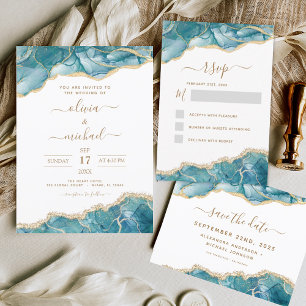 All in One Agate Turquoise Teal Gold Wedding Invitation