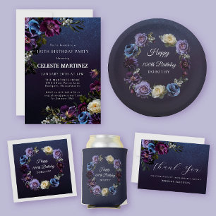 Moody Purple Flowers 100th Birthday Invitation