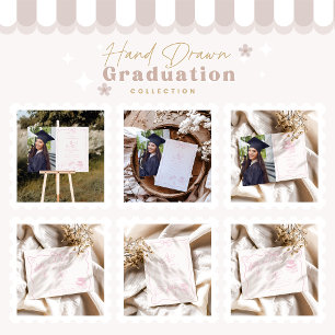 Hand Drawn Illustrated Pink Graduation Party Invitation