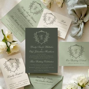 Sage on Green Olive Vintage Crest Monogram Wedding Invitation