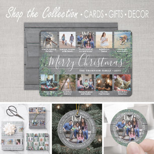 10 Photo Collage Christmas Greenery & Gray Wood Holiday Card