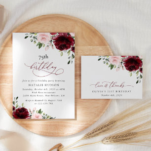 Burgundy Flowers, Pink Flowers, Boho, Birthday Invitation
