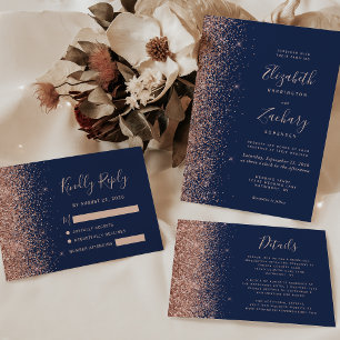 Modern Navy Blue Rose Gold Glitter Edge RSVP Card