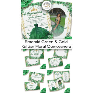Emerald Green Gold Glitter Floral Quinceanera Invitation