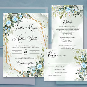 Boho dusty blue greenery and gold frame invitation