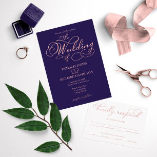 Navy Blue Rose Gold Foil Script Elopement Wedding Invitation