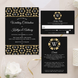 Red Glitter Monogram Poker Chip Casino Wedding Invitation