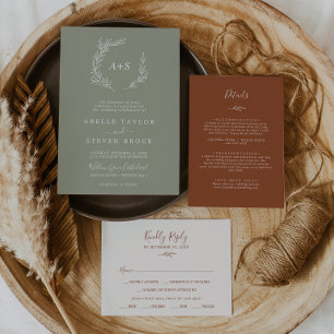 Minimal Leaf   Sage Green Formal Monogram Wedding Invitation