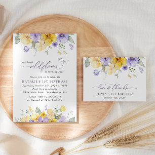 Purple Flowers, Yellow Flowers, First Birthday Invitation
