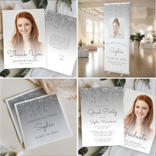 2025 Glam Silver Glitter Drip Photo Graduation Invitation