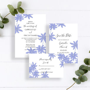 Periwinkle Blue Daisies on White Wedding Invitation