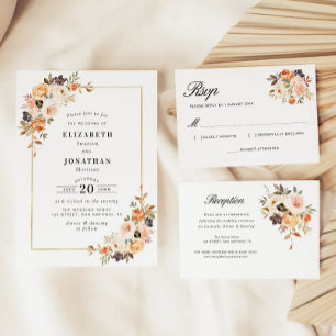 gold frame Fall floral wedding Invitation