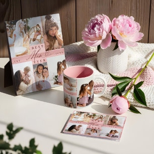 Best Mum Ever Family Photo Collage Pink Woodgrain Fleece Blanket