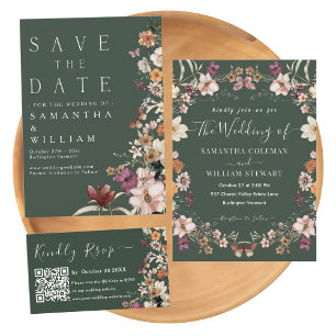 Elegant Boho Wildflower Dark Green Save The Date Invitation