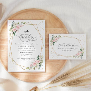 Pink Flowers, White Flowers, Greenery, Birthday Invitation