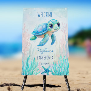 Under the sea turtle aqua blue baby shower raffle pedestal sign