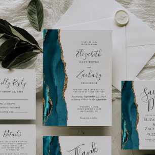 Modern Agate Teal Blue Gold 5-Photo Save the Date Invitation