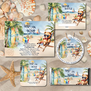 Baby On Board Surfboard Teddy Bear Baby Shower Square Paper Coaster