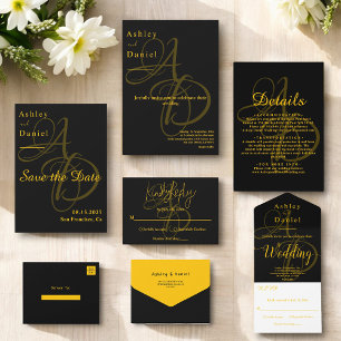 Elegant Chic Black And Gold Monogram Wedding All In One Invitation