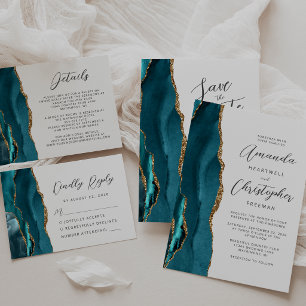 Agate Teal Blue Gold Script Wedding Invitation