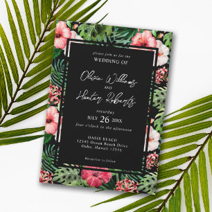 Tropical Floral Hibiscus Wedding Modern Black Invitation