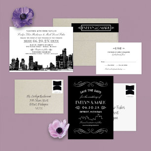 Detroit Skyline Black Art Deco Wedding Invitation