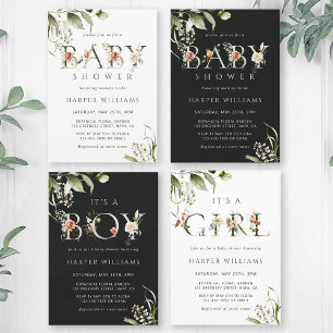 Olive Green Floral Botanical Letter Baby Shower  Invitation