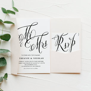 Black Mr. and Mrs. Rustic Calligraphy Wedding Invitation