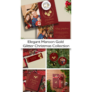 Elegant Maroon Gold Glitter Wreath Merry Christmas Wrapping Paper
