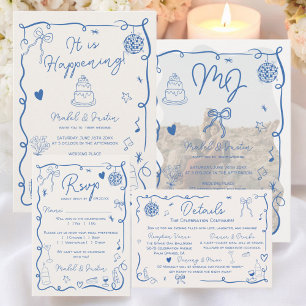 Blue initials handdrawn illustrated photos wedding invitation