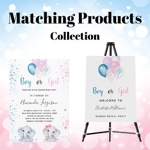 Gender reveal party boy girl blue pink elephant banner