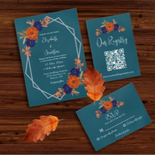 Rustic Autumn Orange Navy Blue Floral Wedding RSVP Card