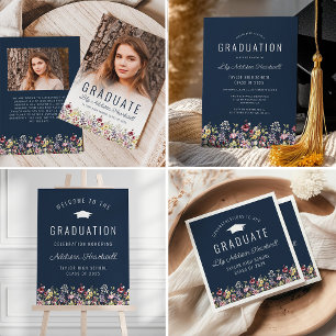 Boho Wildflowers Navy Blue Graduation Party Invitation