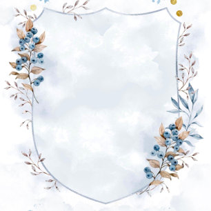 Dusty Blue and Gold Blueberries Shield Wedding Invitation