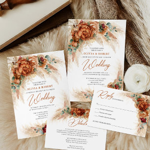 Trendy tropical terracotta pampas tied the knot invitation