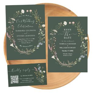 Rustic Dark Green Boho Wildflower Save The Date Invitation