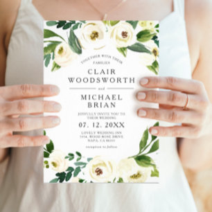 Elegant White Roses Greenery Wedding Monogrammed Invitation