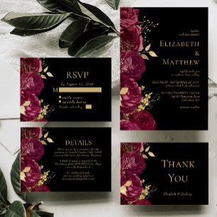 Burgundy Gold Floral Black Wedding Thank You Card