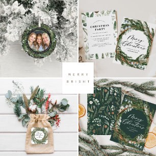 Modern foliage wreath merry christmas script  holi holiday postcard