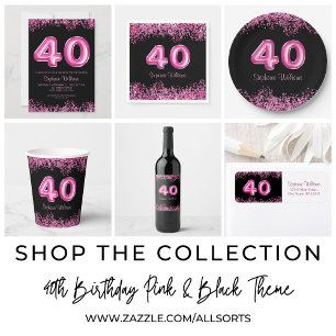 40th Birthday Black Pink Balloons Glitter Party Square Paper Coaster