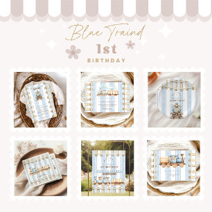 Blue Watercolor Train 1st Birthday  Invitation