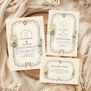 Romantic Sunflower Coquette Wedding Thank You Card