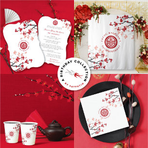Cherry Blossoms Longevity Symbol Chinese Birthday Invitation
