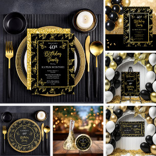 Elegant Black Gold Butterflies 40th Birthday Party Invitation