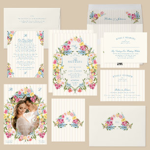French Blue Colourful Floral Monogram Vintage Cres Invitation