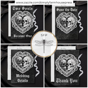 Dark Gothic Black & White Skull Couple Heart Invitation